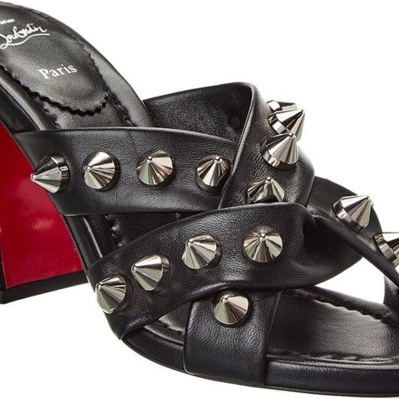 Christian Louboutin SPIKA CLUB Spiked Leather Mule Block Heel Sandals Shoes - Picture 14 of 14